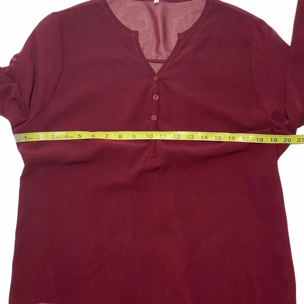 V-NECK Sheer Red Henley Button Blouse Size XXL - Picture 7 of 10